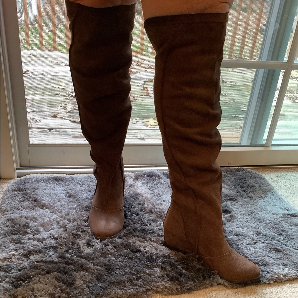 Super cute wide calf boots with invisible wedge